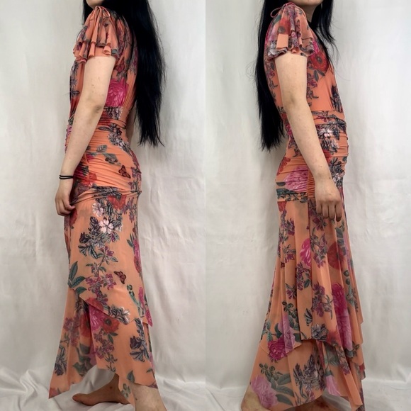 Maeve by Anthropologie Peach Orange Floral Drop Waist Maxi Dress - Picture 3 of 8